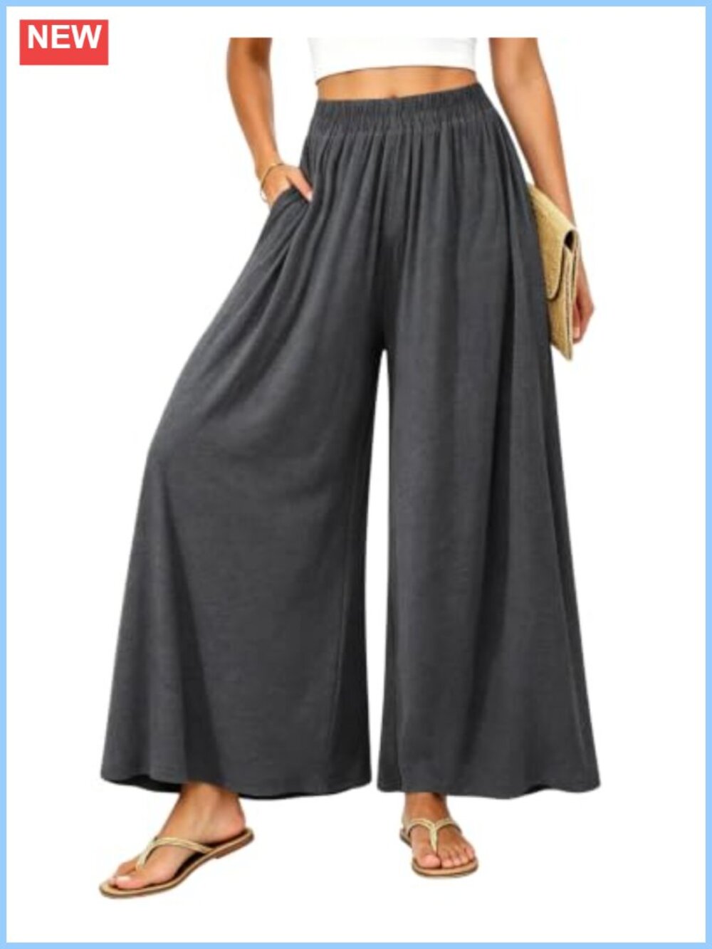 Wide Leg Palazzo Pants High Waisted Pull On Flowy Stretch Trousers Pockets